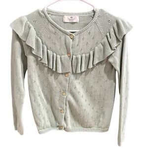 H&M Green Button Down Ruffle Pointelle Cardigan, VGUC, Sz 8-10 (134-140cm) (8B)